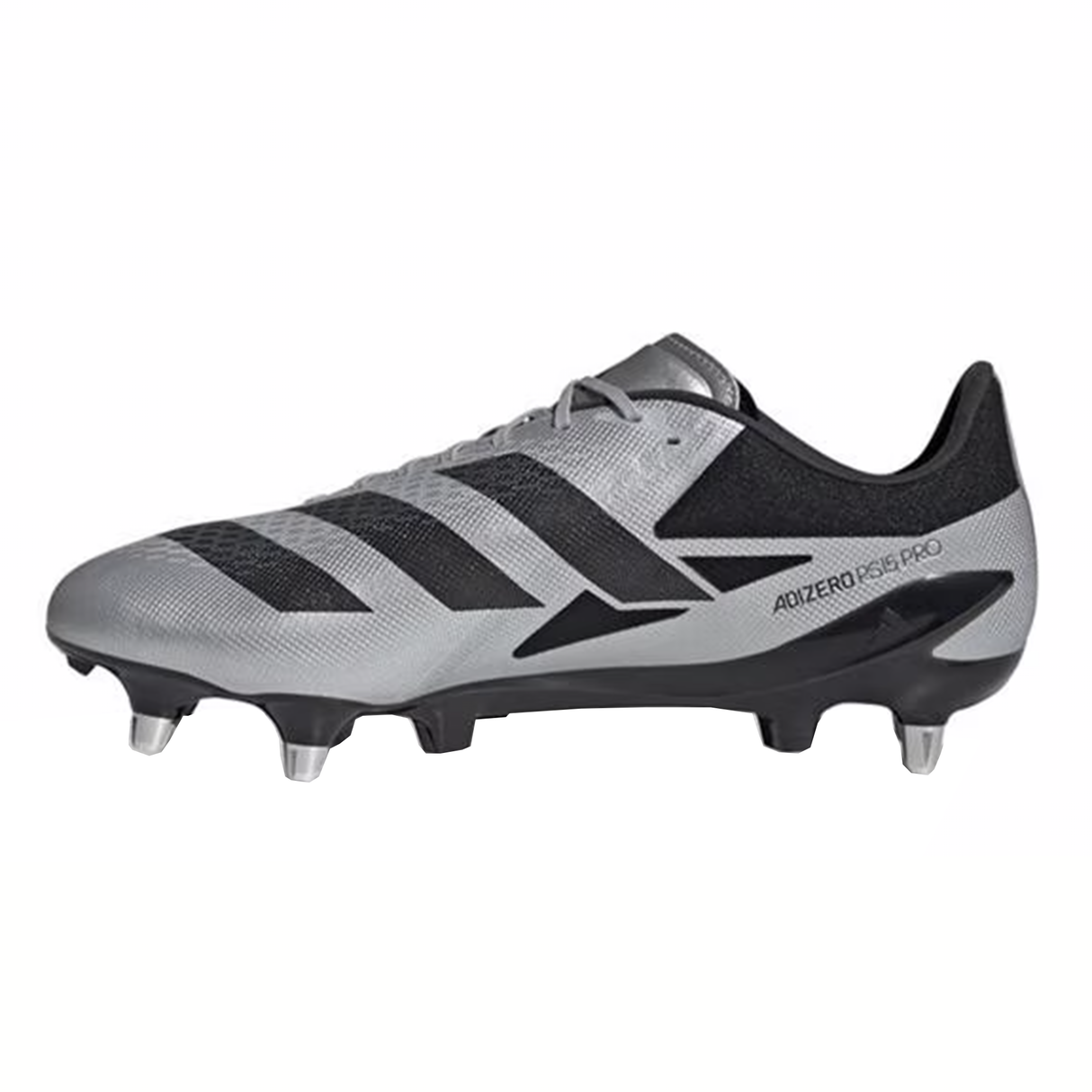 The adidas Adizero RS15 Pro SG in Silver Metallic/Core Black/White is a soccer cleat designed with Fusionskin leather, equipped with metal studs, a Speedframe outsole for improved performance, and features a side logo.