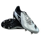 A pair of adidas Adizero RS15 Pro SG cleats in striking Silver Metallic and Core Black colors, with metal studs designed for soft ground rugby play. One shoe is displayed upright while the other is lying down, elegantly highlighting the premium Fusionskin leather sole.