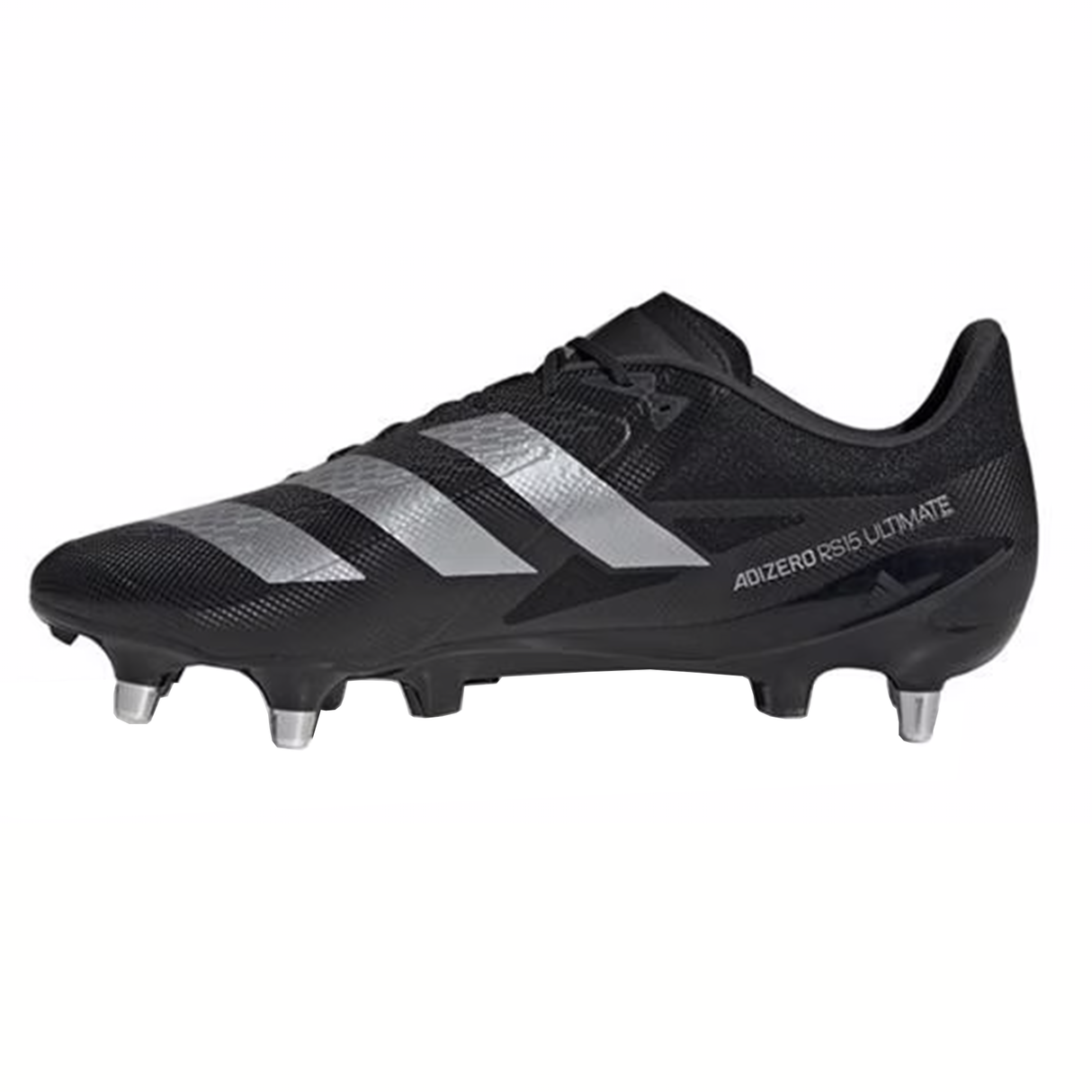 Core Black and Zero Metallic soccer cleat with metal studs, featuring a Speedframe outsole to boost agility. The text "adidas Adizero RS15 Ultimate" is prominently featured on the side, highlighting its innovative design.