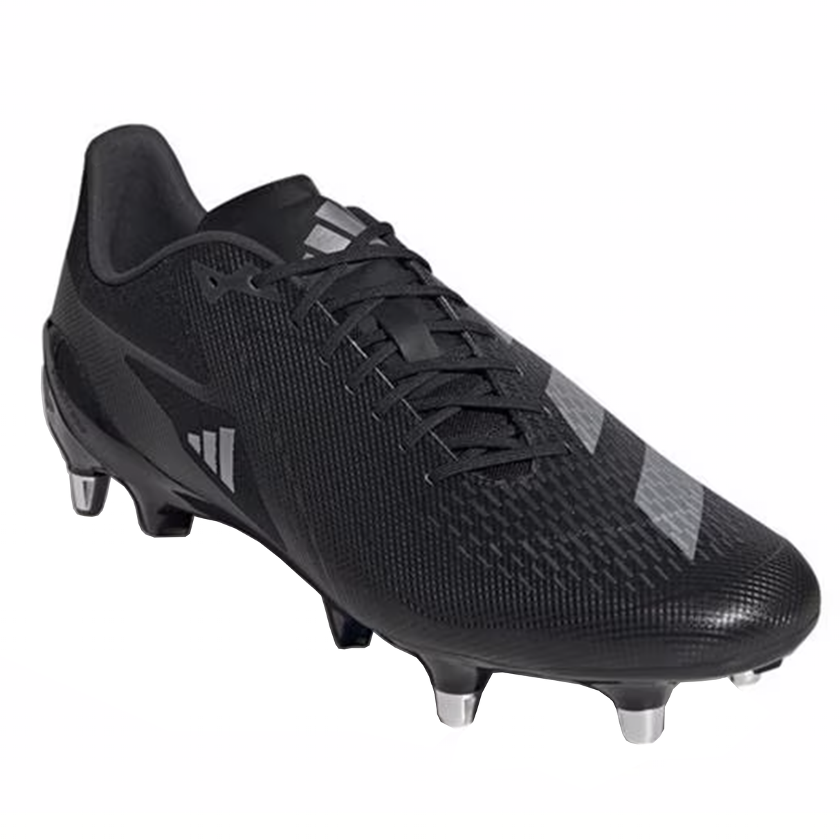 The adidas Adizero RS15 Ultimate SG soccer cleat, in Core Black with Zero Metallic accents and a white base, showcases a Speedframe outsole and metal studs.