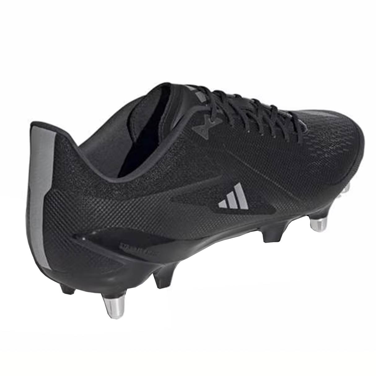 Introducing the adidas Adizero RS15 Ultimate SG in Core Black, designed with metal studs and featuring a subtle geometric pattern alongside a small logo. This model is equipped with a Speedframe outsole to boost agility, taking inspiration from the classic Adizero RS15 rugby boots.