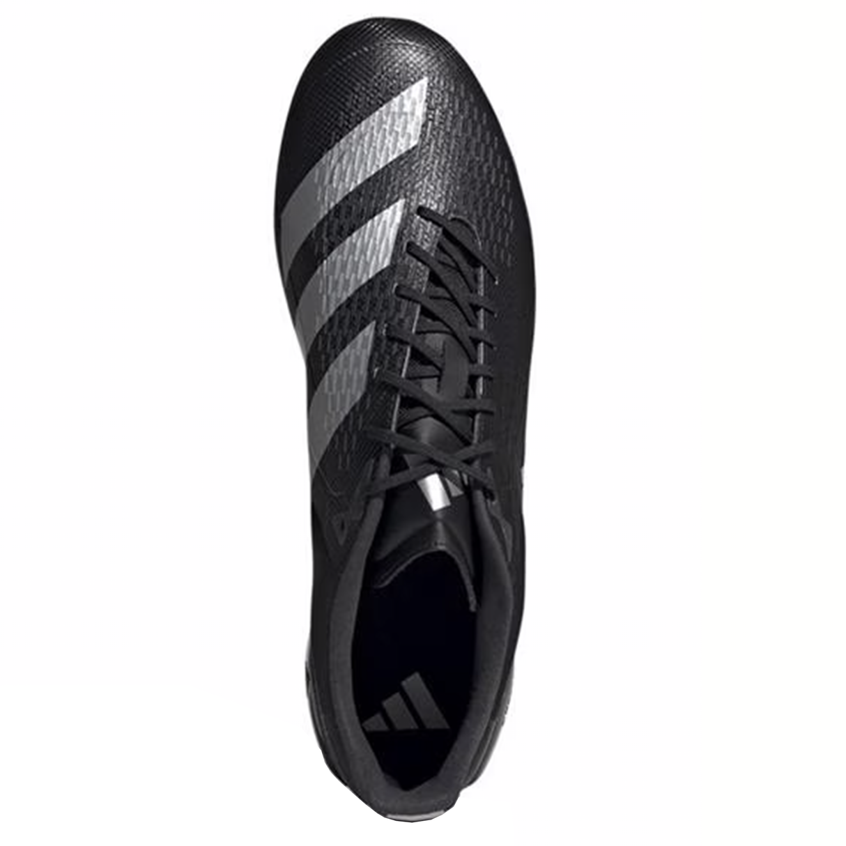 The adidas Adizero RS15 Ultimate SG rugby boot, in a stylish Core Black with Zero Metallic detailing, highlights its Speedframe outsole for improved agility when viewed from above.