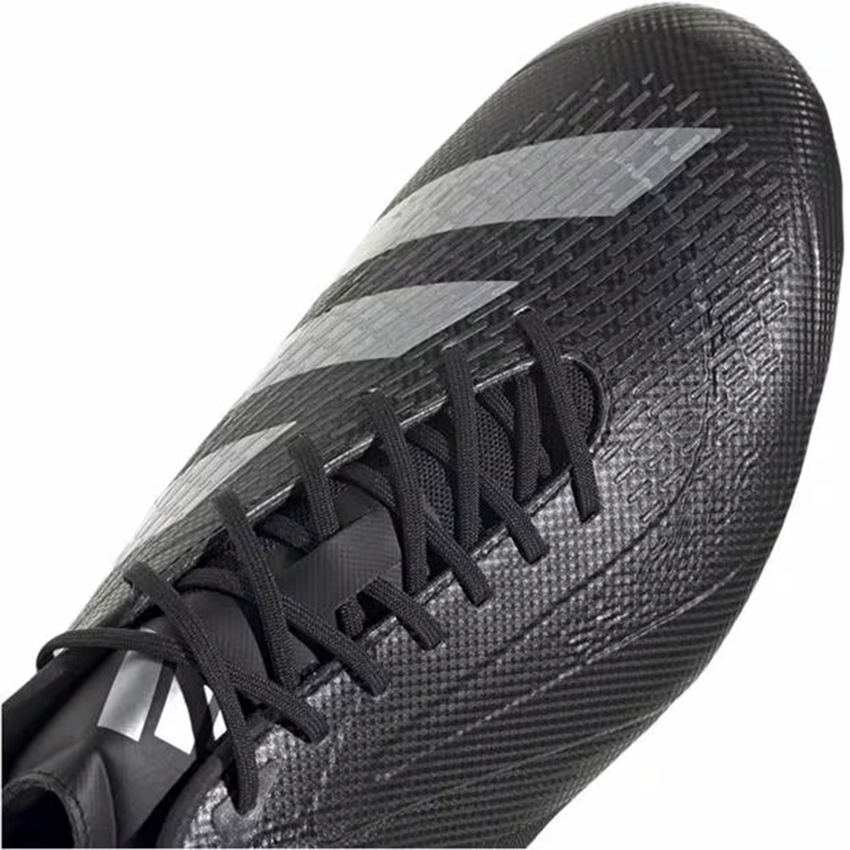 adidas Adizero RS15 Ultimate SG cleats in Core Black with Zero Metallic accents and a textured surface, featuring black laces and complemented by a Speedframe outsole for enhanced agility.