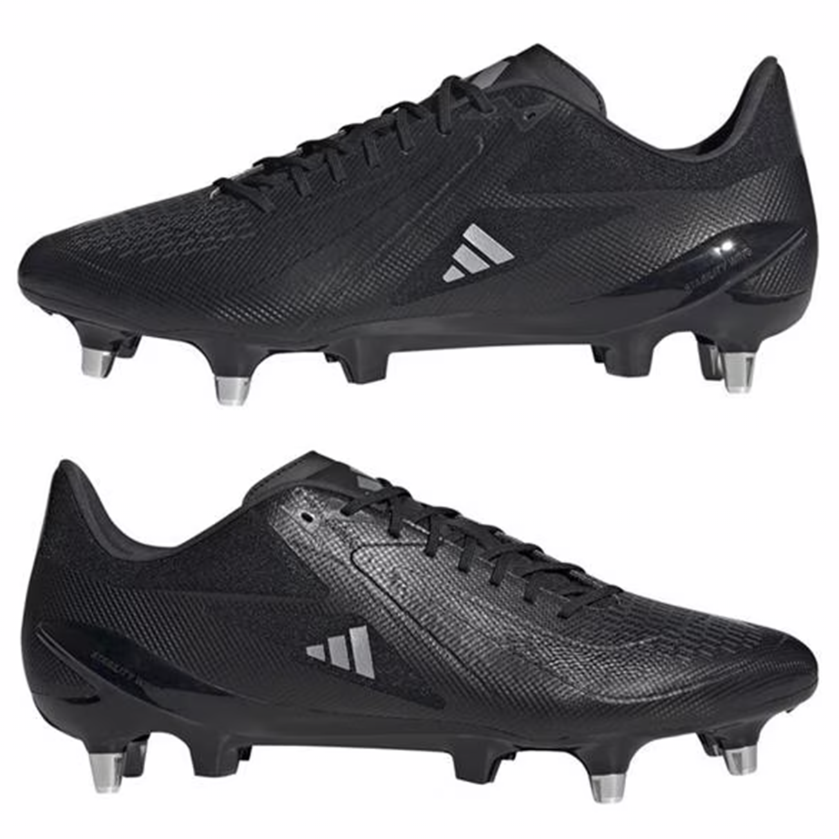 The adidas Adizero RS15 Ultimate SG rugby boots in Core Black/Zero Metallic/White offer a sleek side view, showcasing the iconic white logo and a Speedframe outsole for enhanced agility.