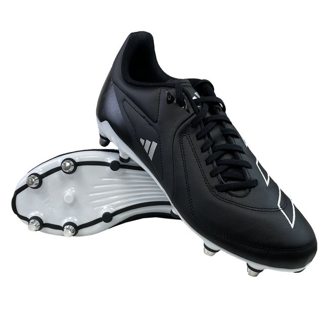 A pair of adidas Adizero RS15 Elite SG rugby boots in Core Black with Zero Metallic and Silver Metallic accents, featuring metal studs for soft ground, is displayed with one boot standing upright while the other lies elegantly on its side.