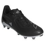 The adidas Adizero RS15 Elite SG in Core Black/Zero Metallic/Silver Metallic is a soccer cleat featuring white accents and metal studs, crafted from adaptive leather for an optimal fit with a geometric design on the sides.