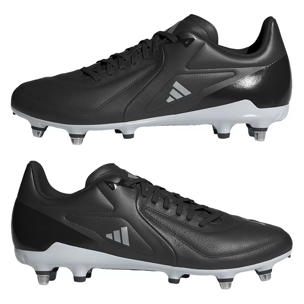 Introducing the adidas Adizero RS15 Elite SG in Core Black with Zero Metallic and Silver Metallic accents. These rugby boots feature a minimalist design, highlighted by a small white logo on the side and white studded soles. The adaptive leather forefoot offers enhanced comfort, perfect for tackling soft ground conditions.