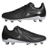 Introducing the adidas Adizero RS15 Elite SG in Core Black with Zero Metallic and Silver Metallic accents. These rugby boots feature a minimalist design, highlighted by a small white logo on the side and white studded soles. The adaptive leather forefoot offers enhanced comfort, perfect for tackling soft ground conditions.