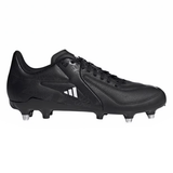 The adidas Adizero RS15 Elite SG in Core Black/Zero Metallic/Silver Metallic are soccer cleats featuring adaptive leather forefoot, white logo accents, and metal studs for optimal traction on soft ground surfaces, designed as rugby boots.