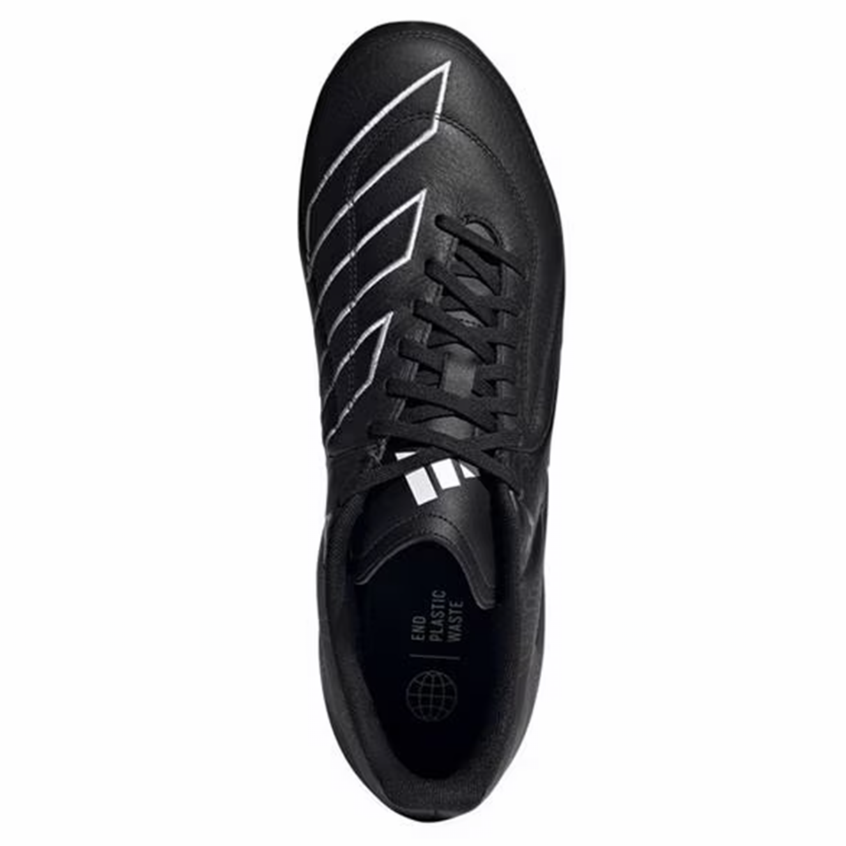 Core Black adidas Adizero RS15 Elite SG rugby boots featuring Zero Metallic and Silver Metallic accents, white diagonal stripes, black laces, and the text “End Plastic Waste” inside. Top view design intended for soft ground use.