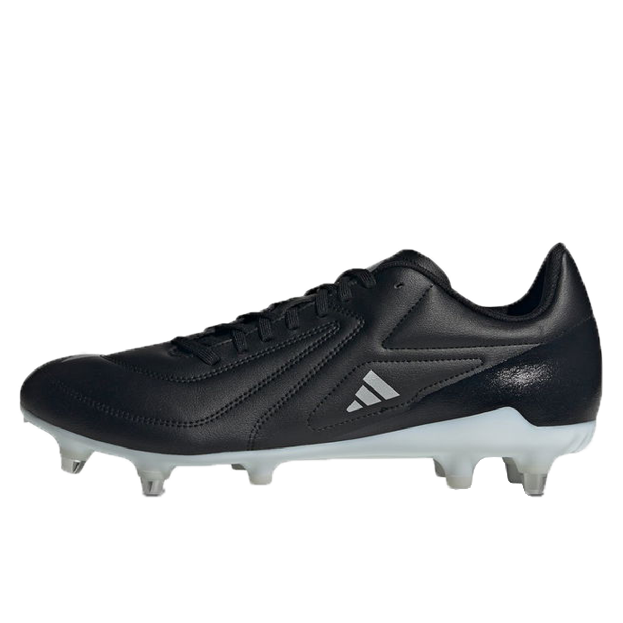 The adidas RS15 SG in Core Black/Zero Metallic/White is a black soccer cleat with a striking white sole and metal studs. It features a small logo on the side and is designed with cushioning technology for superior comfort, along with Sprintframe stability to enhance performance on the field.