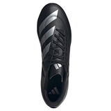 Top view of the adidas RS15 SG in Core Black/Zero Metallic/White, with metallic stripes and laces, featuring advanced cushioning technology for optimal comfort.