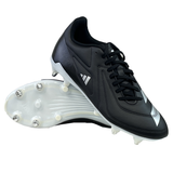 Introducing the adidas RS15 SG cleats in Core Black, Zero Metallic, and White. These soccer cleats come equipped with metal studs and an EVA midsole for exceptional comfort. One shoe stands upright as the other lies on its side, showcasing their design. With Sprintframe technology echoing the trusted reliability of adidas rugby boots, these cleats are not just ordinary footwear; they deliver performance excellence.