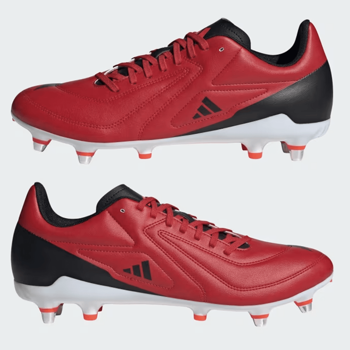 A pair of adidas RS15 SG 24 soccer cleats in Better Scarlet, Core Black, and Solar Red, featuring a lightweight synthetic forefoot and Speedframe outsole with metal studs, set against a plain background.