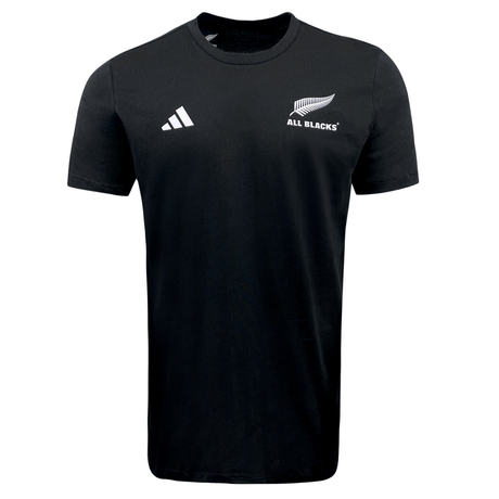 An All Blacks Cotton Tee by adidas, featuring the iconic New Zealand rugby team's logo and the Adidas logo prominently displayed on the front.