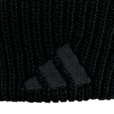 A close-up of the adidas All Blacks Beanie showcases its black knitted fabric adorned with a sewn-on logo featuring three diagonal stripes, evoking the iconic headwear cherished by New Zealand rugby fans.