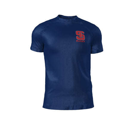 The St. Ignatius Navy Performance Tee by Admiral showcases a striking red "SD Rugby" logo on the chest. Pre-order now to secure yours before production begins.