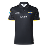 The Hurricanes Super Rugby 25/26 Team Polo by Classic Sportswear, showcasing the Kia and Classic Sportswear logos on the chest, features the "Hurricanes Super Rugby" emblem on the right side.