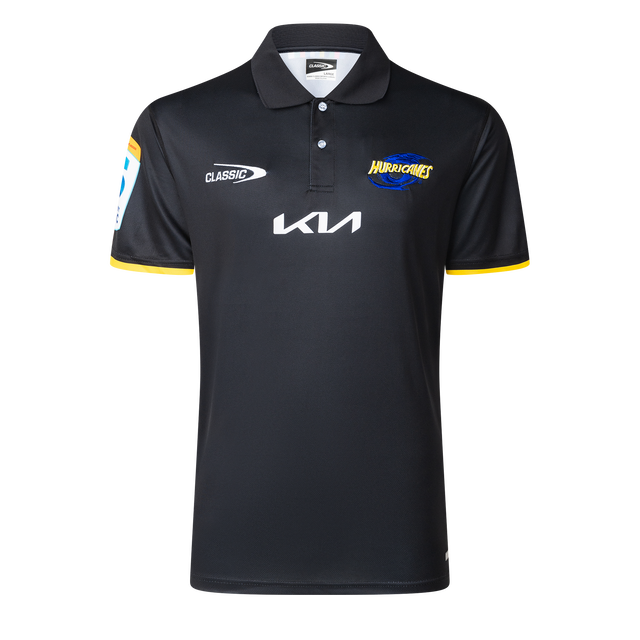 The Hurricanes Super Rugby 25/26 Team Polo by Classic Sportswear, showcasing the Kia and Classic Sportswear logos on the chest, features the "Hurricanes Super Rugby" emblem on the right side.