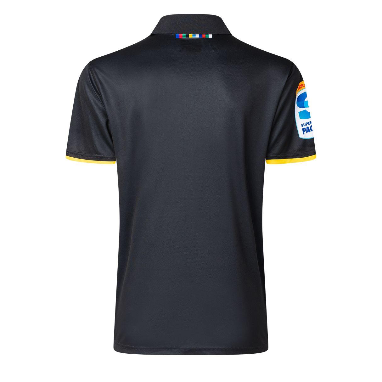 Back view of the Hurricanes Super Rugby 25/26 Team Polo by Classic Sportswear in dark with colorful collar stripes and the Hurricanes Super Rugby logo on the right sleeve, echoing classic sportswear style.