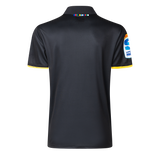 Back view of the Hurricanes Super Rugby 25/26 Team Polo by Classic Sportswear in dark with colorful collar stripes and the Hurricanes Super Rugby logo on the right sleeve, echoing classic sportswear style.