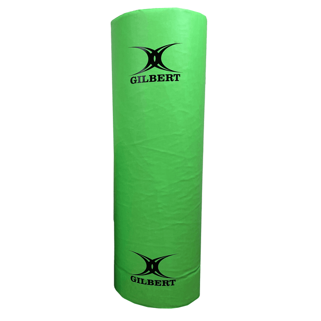 A Hadar Gilbert Rugby Green Tackle Bag, a tall, cylindrical, green padded training bag made from water-resistant fabric with the "Gilbert" logo printed in black twice.