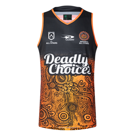 The NRL Indigenous All Stars 25/26 Pro Training Singlet by Classic Sportswear showcases "Deadly Choice" text and eye-catching Aboriginal art patterns in orange and black, celebrating the spirit of the All Stars.