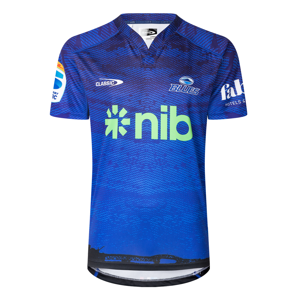 Blue and navy patterned sports jersey with "Blues Super Rugby" logo, features "nib" sponsor in green, crafted by Classic Sportswear.