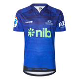 Blue and navy patterned sports jersey with "Blues Super Rugby" logo, features "nib" sponsor in green, crafted by Classic Sportswear.