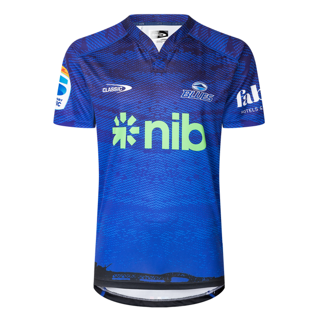 Blue and navy patterned sports jersey with "Blues Super Rugby" logo, features "nib" sponsor in green, crafted by Classic Sportswear.