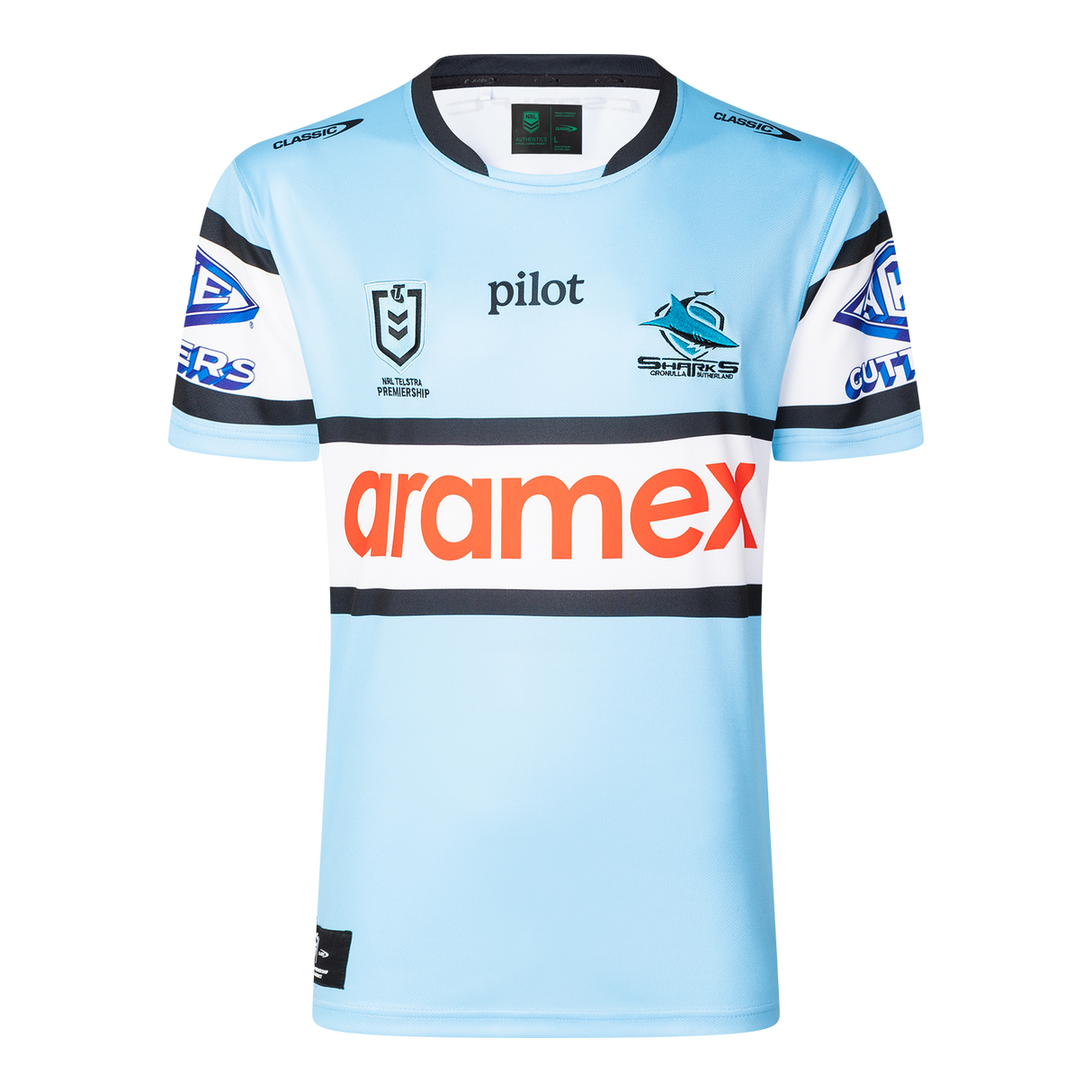 The Sharks NRL 25/26 Replica Home Jersey by Classic Sportswear features a light blue design with black and white striped sleeves, adorned with Pilot, Aramex, and Cronulla Sutherland Sharks logos. A must-have for any Sharks fan.