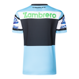 Light blue Sharks NRL 25/26 Replica Home Jersey by Classic Sportswear, showcasing black and white horizontal stripes. The text "CSDRLFC" appears on top with "Z.ambreo" in the middle, capturing the spirit of Cronulla Sutherland Sharks.