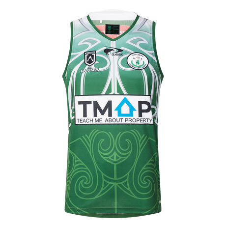 The NRL Maori All Stars 25/26 Pro Training Singlet by Classic Sportswear features green and white abstract patterns with "TMAP" and "All Stars" logos, capturing the vibrant design and athletic flair perfect for fans.