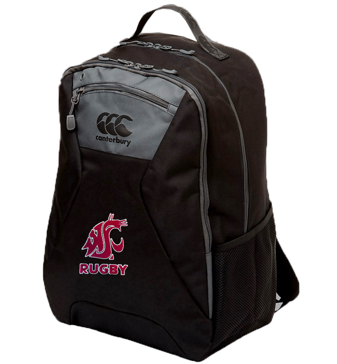 The Washington State Rugby Medium Backpack by EMB Canterbury in black has Vaposhield technology, a logo, a padded laptop pocket, a front pocket, mesh side pockets, and a top handle.