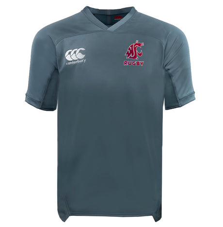 The EMB Canterbury Washington State Rugby VapoDri Evader Jersey stands out with the iconic logo, a red cougar emblem, and "RUGBY" text. Enjoy unrivaled comfort with VapoDri technology in this premium gray rugby jersey.