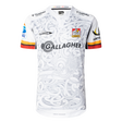 The Gallagher Chiefs Super Rugby Replica Away Jersey 25/26 by Classic Sportswear showcases intricate patterns, the iconic Chiefs team emblem on the chest, and sponsor logos like Gallagher, celebrating the spirit of a classic away jersey.