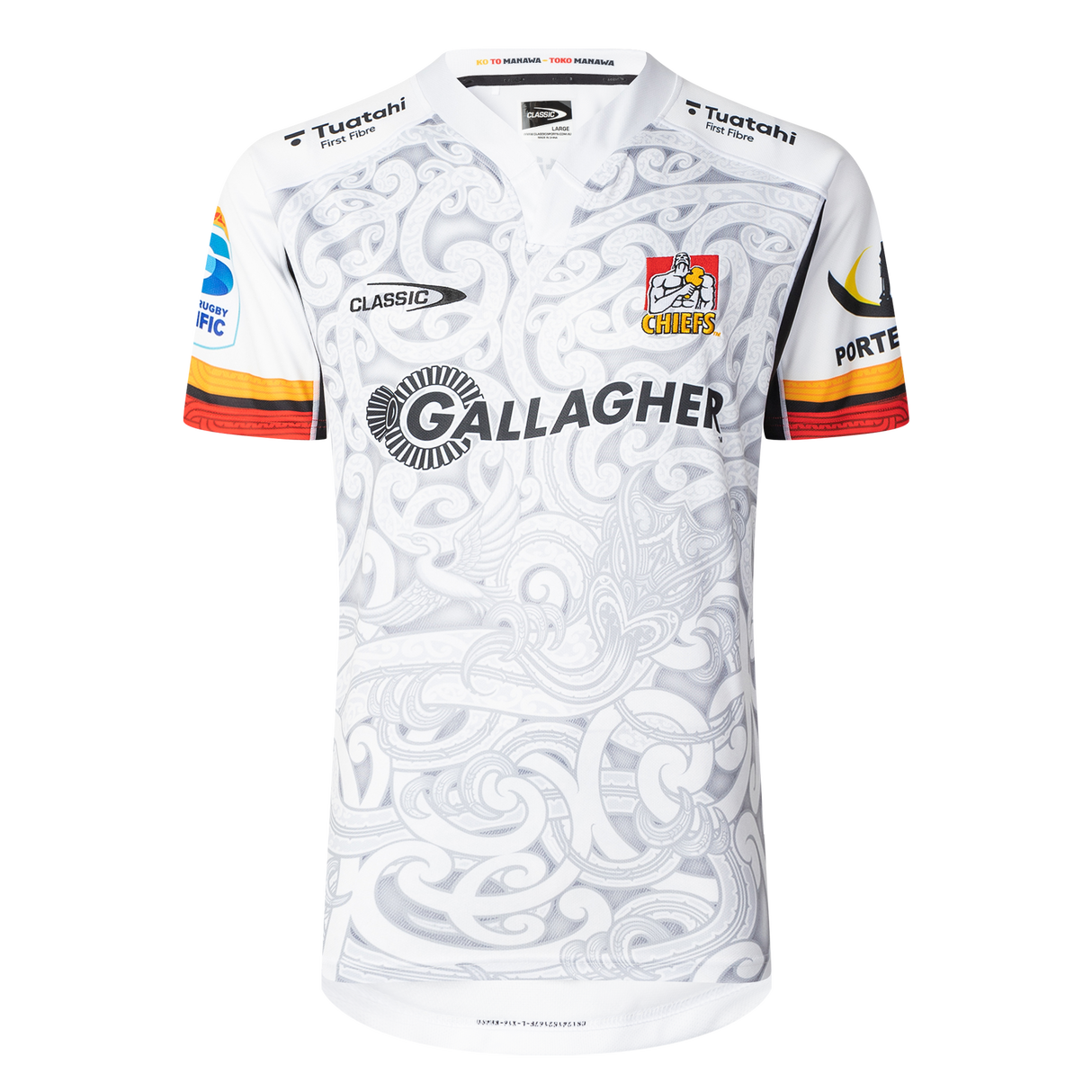 The Gallagher Chiefs Super Rugby Replica Away Jersey 25/26 by Classic Sportswear showcases intricate patterns, the iconic Chiefs team emblem on the chest, and sponsor logos like Gallagher, celebrating the spirit of a classic away jersey.