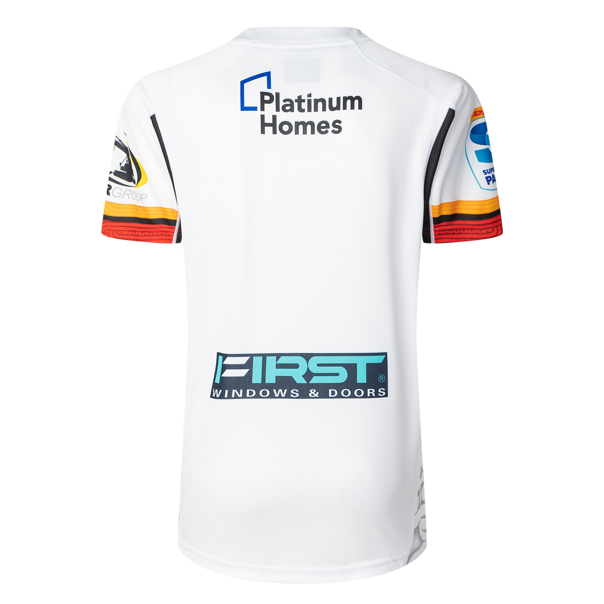 The Gallagher Chiefs Super Rugby Replica Away Jersey 25/26 by Classic Sportswear features black, yellow, and red sleeve accents. It includes sponsor logos "Platinum Homes" and "First Windows & Doors" on the back, epitomizing Super Rugby style.