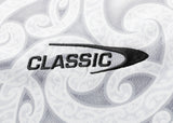 The Gallagher Chiefs Super Rugby Replica Away Jersey 25/26 by Classic Sportswear features embroidered "CLASSIC" text with a swoosh design on a patterned fabric background.