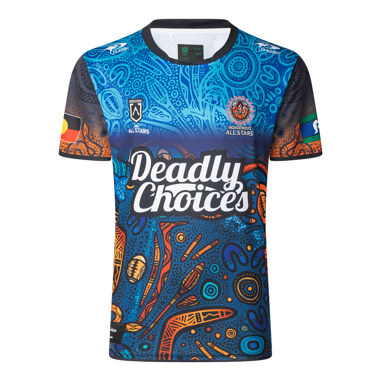 The NRL Indigenous All Stars 25/26 Replica Home Jersey by Classic Sportswear celebrates heritage with intricate Indigenous patterns and vibrant colors. "Deadly Choices" is proudly emblazoned on the front, showcasing the distinctive design of Classic Sportswear.