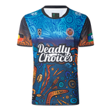 The NRL Indigenous All Stars 25/26 Replica Home Jersey by Classic Sportswear celebrates heritage with intricate Indigenous patterns and vibrant colors. "Deadly Choices" is proudly emblazoned on the front, showcasing the distinctive design of Classic Sportswear.