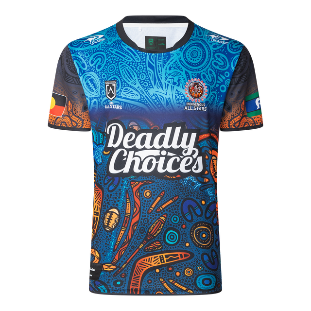 The NRL Indigenous All Stars 25/26 Replica Home Jersey by Classic Sportswear celebrates heritage with intricate Indigenous patterns and vibrant colors. "Deadly Choices" is proudly emblazoned on the front, showcasing the distinctive design of Classic Sportswear.