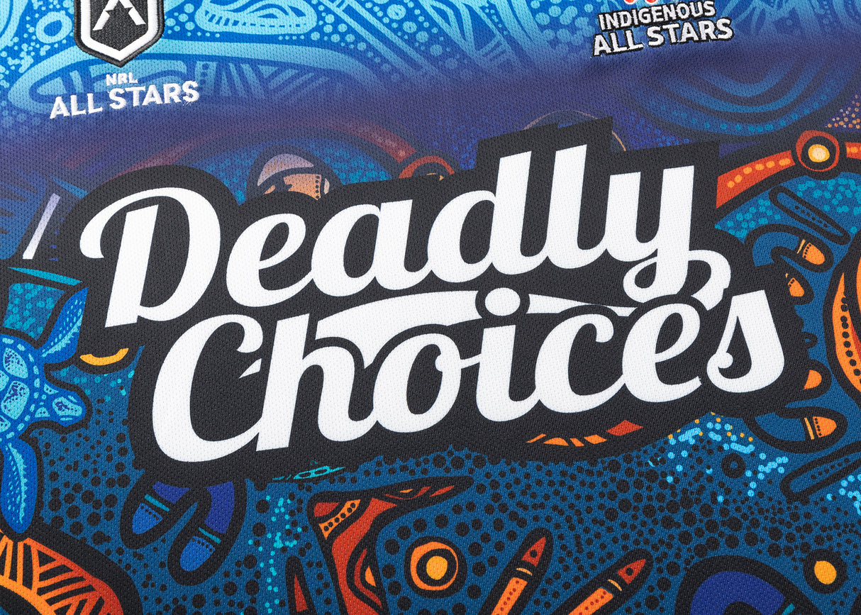 The NRL Indigenous All Stars 25/26 Replica Home Jersey by Classic Sportswear features vibrant "Deadly Choices" artwork with abstract Indigenous Australian patterns and logos for the NRL and Indigenous All Stars, perfectly capturing its essence.