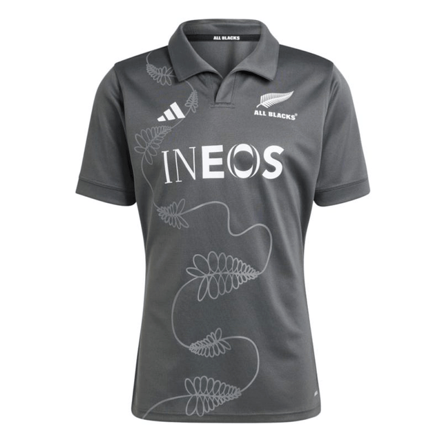 The All Blacks Training Jersey by adidas is a gray sports jersey featuring the "ALL BLACKS" text and a silver fern logo on the right side of the chest, with "INEOS" displayed prominently in the center. It showcases white adidas stripes on the left side of the chest and incorporates AEROREADY technology for optimal performance.