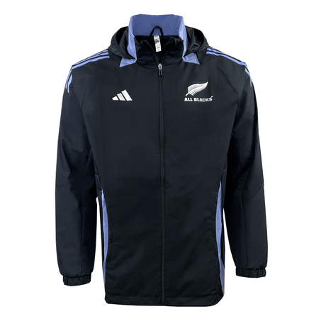 The All Blacks 24/25 All-Weather Jacket by adidas is available in black and blue, and includes WIND.RDY technology, a hood, the adidas logo, and a white fern emblem on the chest.