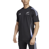 A person wearing the stylish All Blacks 24/25 Performance Cotton T-Shirt by adidas, featuring the iconic All Blacks logo and light blue striped sleeves, exudes the essence of the New Zealand rugby team.