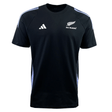 Adidas presents the All Blacks 24/25 Performance Cotton T-Shirt, a black short-sleeved rugby shirt adorned with a silver fern logo and "ALL BLACKS" text on the front, complete with white stripes on the shoulders to honor New Zealand's legendary rugby team.