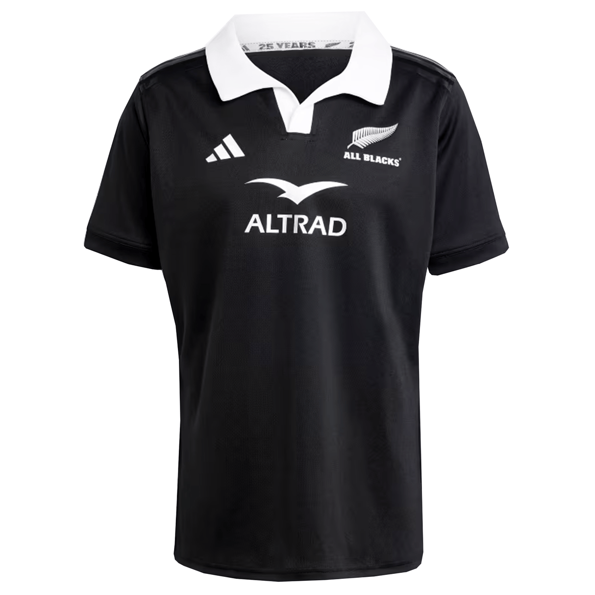 All Blacks 24/25 Home Supporters Jersey by adidas, featuring a black design with a white collar and white logos for Adidas, All Blacks, and Altrad on the front. This authentic jersey incorporates AEROREADY technology to keep you cool and dry.