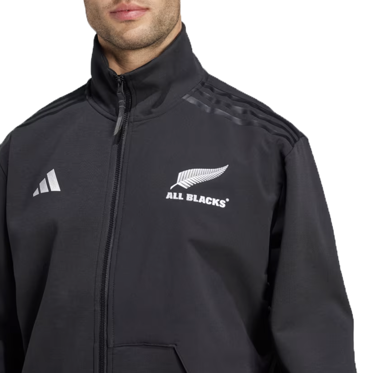 Dressed in an adidas jacket sporting "ALL BLACKS" and a silver fern on the chest, a person proudly wears their All Blacks 24/25 Anthem Jacket by Adidas.