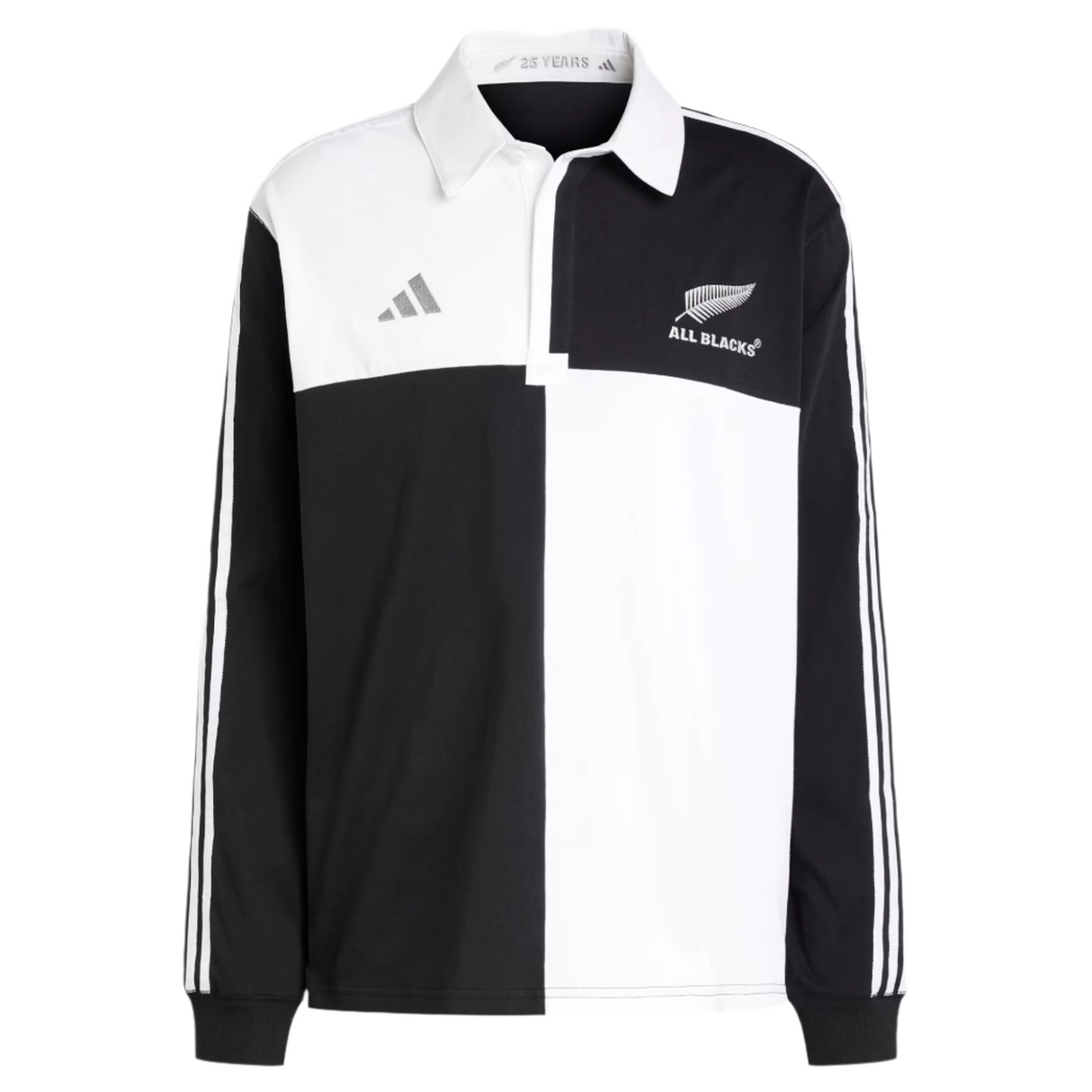 The All Blacks 24/25 Culture Jersey by adidas showcases a classic black and white design, featuring the iconic "All Blacks" logo and three signature adidas stripes on the sleeves, epitomizing timeless rugby style.